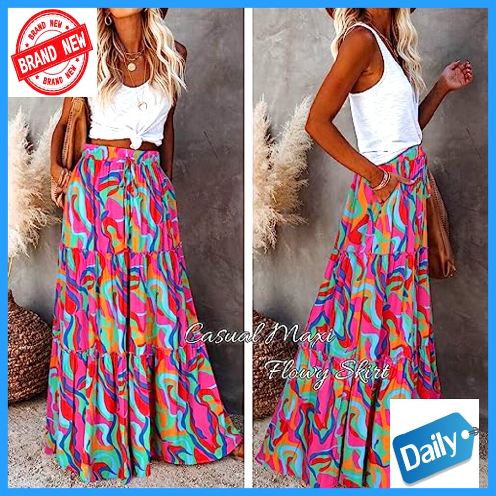 Maxi Skirt with Pockets High Waist Flowy Long Boho Casual Beach Vacation - Picture 2 of 7